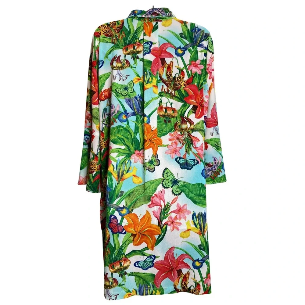 Linea Louis Dell'Olio Womens Blue Floral Butterfly Shirt Dress Sz S Resortwear - Picture 2 of 11